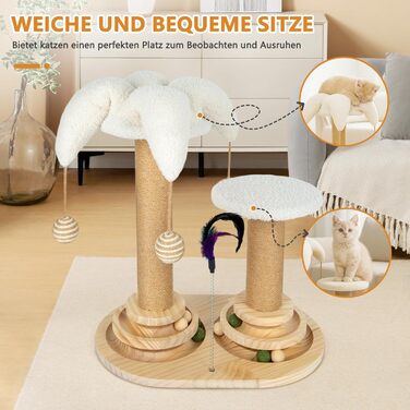 Інтерактивна іграшка для котів 6 в 1: дерев'яний комплекс з кульками, пір'ям, м'ячиком-трекером, когтеточкою з сизалю та джуту. Підходить для котів середніх та маленьких порід (білий)