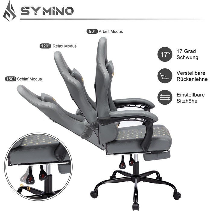 Ігрове крісло Symino Racing, ергономічне, з підставкою для ніг, лумбальною підтримкою, регульованими підлокітниками, чорне, вінтажна екошкіра, до 200 кг