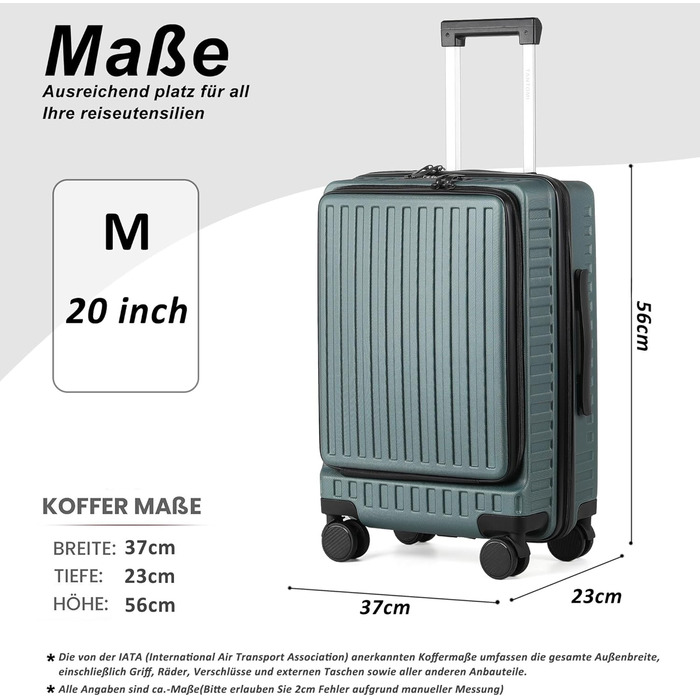 Чемодан ручної поклажі TANTOMI з відділенням для ноутбука, 20 дюймів, жорсткий корпус, легкий ABS-валіз, валіза з 4 колесами на 360°, TSA-замок (світло-темно зелений, 41л)