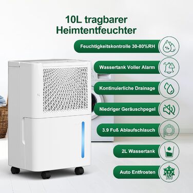 Електричний осушувач повітря PHILODECO 10L/Tag з режимом сушіння, 2L бак, таймер 24H, автовимкнення, ролики та ручка для підвалу, ванної кімнати, спальні