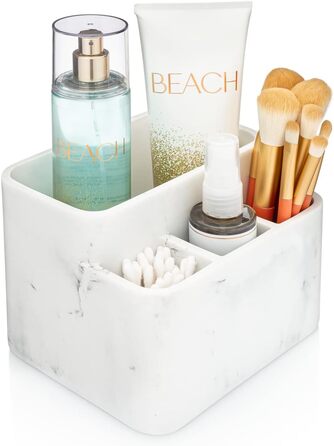 White marble toothbrush holder and bathroom organizer – keeps your bathroom counter organized and stylish.