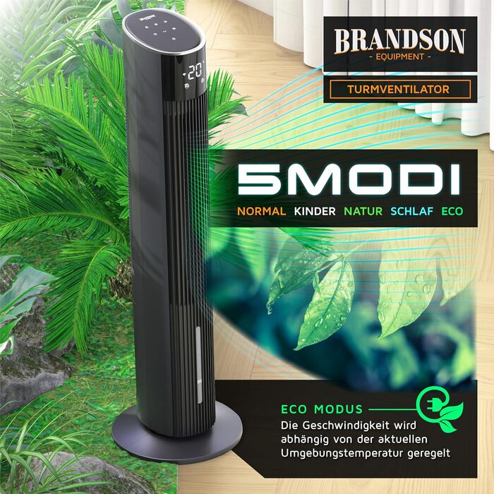 Вентилятор вежа Brandson ECO GREEN з водяним охолодженням, WiFi, керуванням Alexa – мобільний кондиціонер, чорний матовий