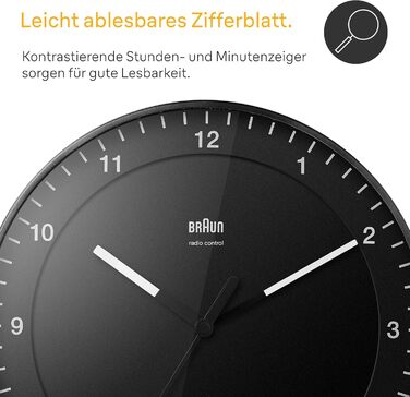 Braun Classic Large Radio Wall Clock, Central European Time Zone (CET/GMT+1) with quiet movement, easy-to-read dial, 30cm diameter, black model BC17B-DCF.