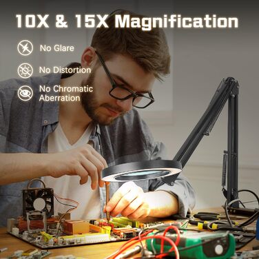 Лупа Jubor 2-в-1 з підсвічуванням та підставкою, 15x/10x, LED, з кріпленням та основою, настільна лампа, 3 режими, регулювання яскравості, для хобі, ремонту, DIY, чорна