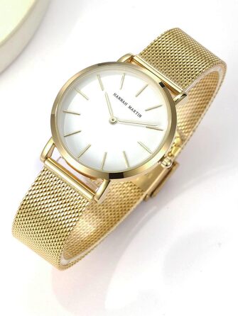 Годинник жіночий Hannah Martin, кварцовий, аналоговий, з нержавіючої сталі, водонепроникний, ультратонкий, сітка, білий корпус, золотий браслет