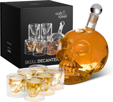 Oak & Steel - Whiskey Carafe Gift Set for Men - Skull Decanter (700ml) with 6 Shot Glasses (75ml) - Valentine's Day, Father's Day, Birthday, Christmas