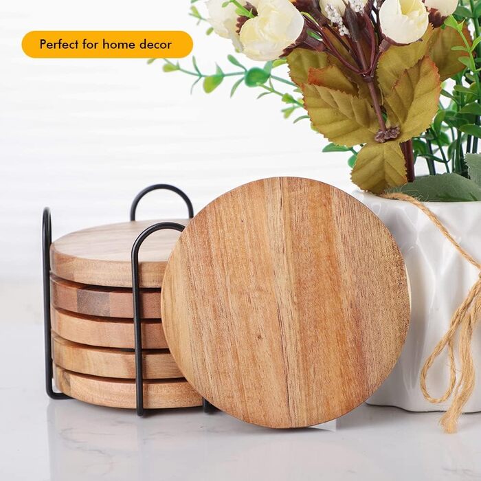 Acacia Wood Coasters Set of 6 with Bottle Opener, Wooden Coasters for Drinks with Holder, Table Protector for Home and Office Decor