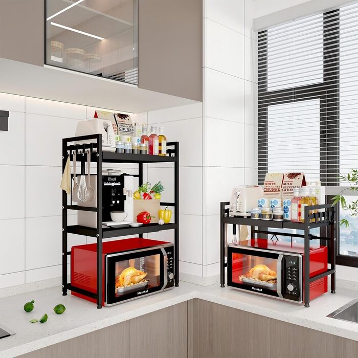 Регульована полиця для мікрохвильової печі, 2-рівнева, розширювана, металева, з 8 гачками, чорна