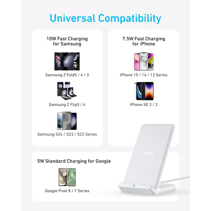 Бездротова зарядка Anker 313 Qi, сумісна з iPhone 16/15/15 Pro/15 Pro Max, SE (2020), 13/13 Pro/13 Pro Max, XR, Galaxy S22 (10W, без блоку живлення)