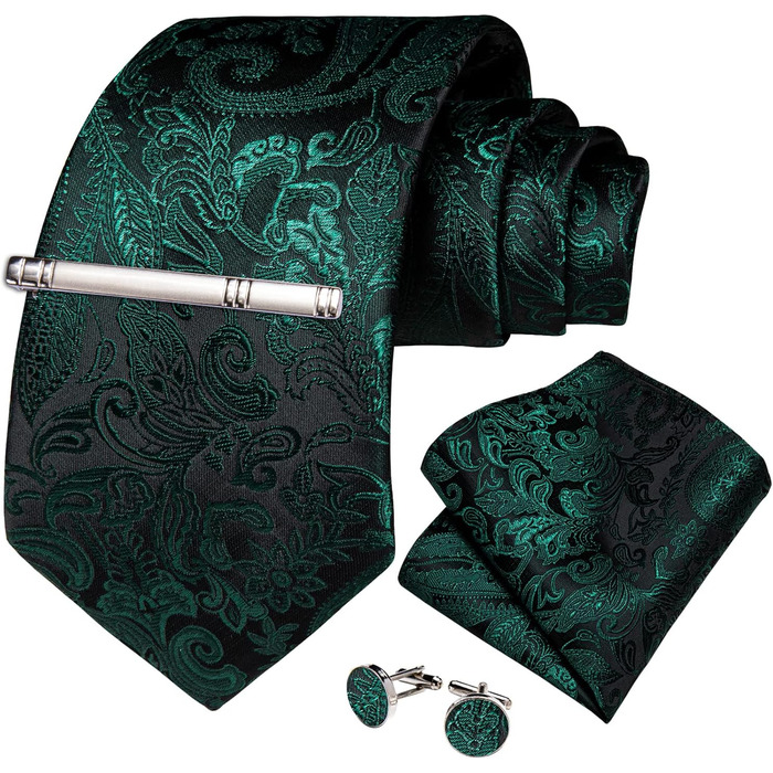 Краватка чоловіча шовкова з павальок та квітковим принтом DiBanGu (темно-зелена) + комплект краватка, кишеньковий хустинка, запонки, клямка для краватки