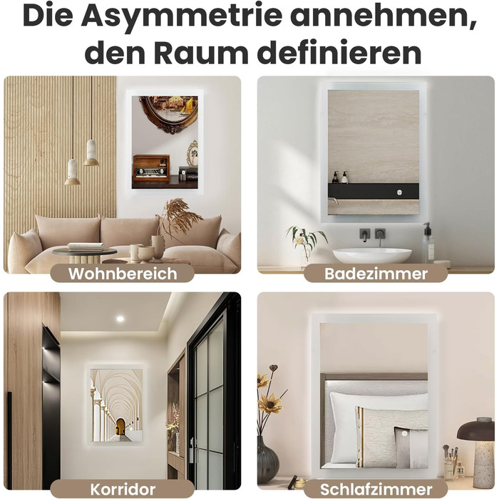 Дзеркало для ванної кімнати з підсвічуванням 70x50 см | LED дзеркало | IP54 вологостійке | Сенсорне управління | Настінне дзеркало | Горизонтальна/Вертикальна установка 6500K холодне біле світло