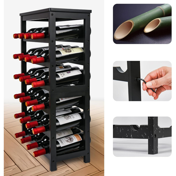 Wine Rack for 24 Bottles, Bottle Rack with 6 Tiers, Bamboo Wine Stand for Cellar, Bar and Kitchen, Living Room, Bottle Rack 41 x 24 x 81 cm, Black
