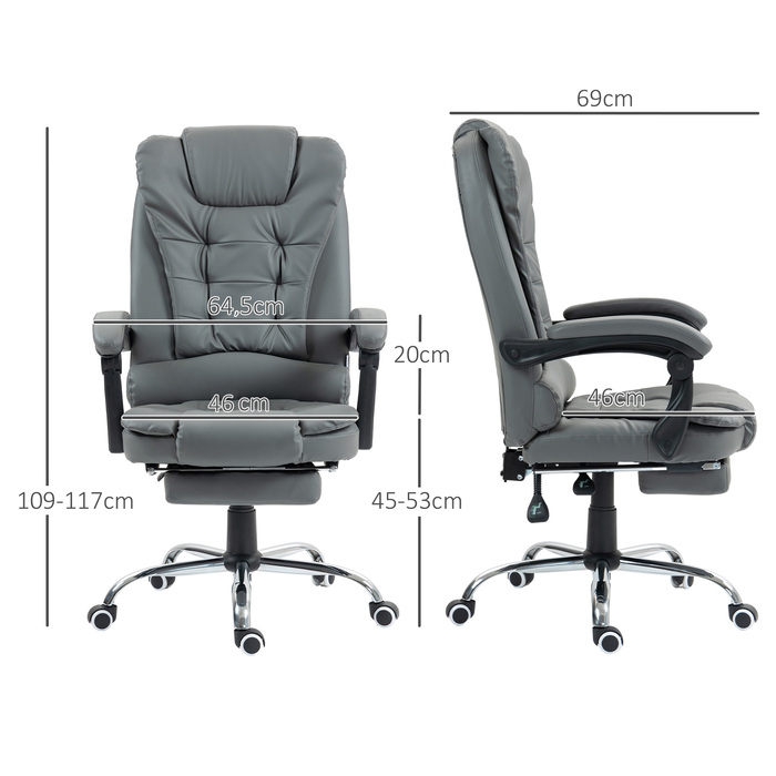 HOMCOM Chef Office Chair with Footrest, Reclining Desk Chair, Height-Adjustable Computer Chair with Armrests, Swivel Chair for Office, Faux Leather, Grey | Aosom