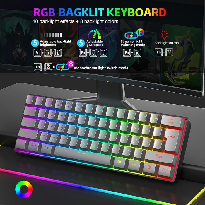 Ігрова клавіатура Snpurdiri з RGB підсвічуванням, механічний відгук, компактна, офісна для ПК (63 білий/чорний/оранжевий) (61 сірий)