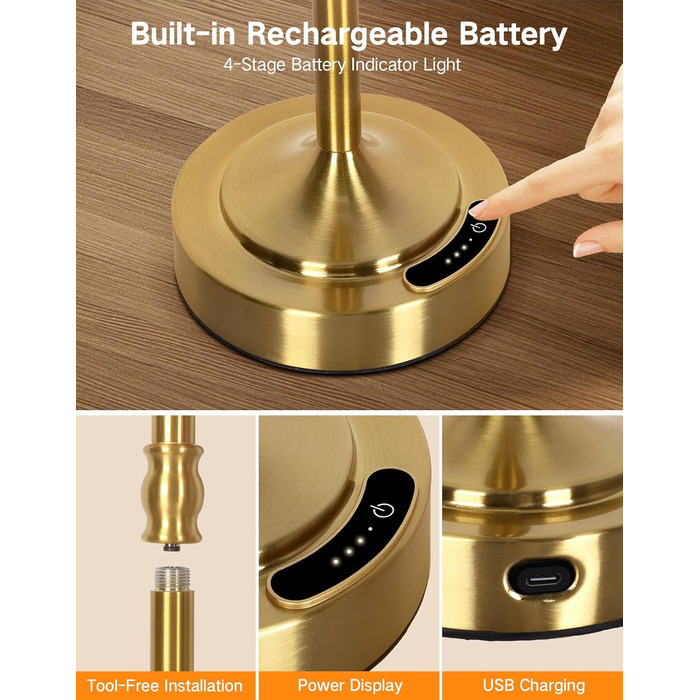 OUTON Настільна лампа 2 шт. Бездротова, диммер, 3 кольори світла, 4000mAh, USB-C, 60 годин роботи, акумуляторна, золота для спальні, вітальні, їдальні