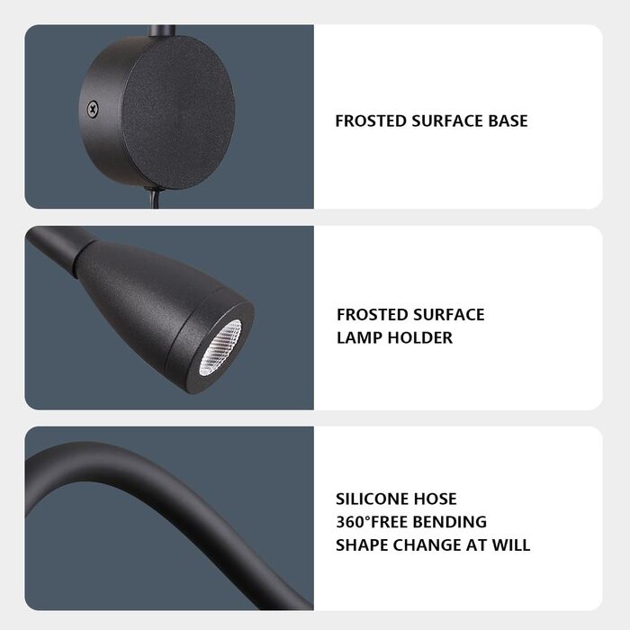 Світлодіодний настінний світильник для читання 3W теплий білий 3000K чорний, з вимикачем на шнурі