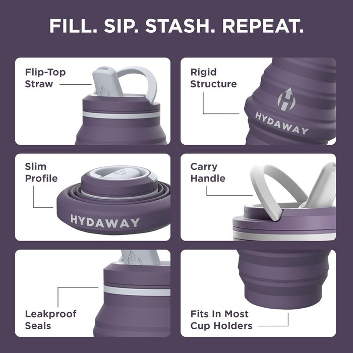 HYDAWAY | Collapsible Water Bottle with Spout Lid | Ultra-Packable and Travel-Friendly | Made of Food-Grade Silicone | 500 ml (Twilight)
