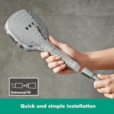 Hansgrohe Raindance Select E - water-saving showerhead 9 l/min (EcoSmart), handheld shower with 3 spray patterns, square shower head (120 x 120 mm), water-saving showerhead with anti-limescale function, Chrome, 26521000