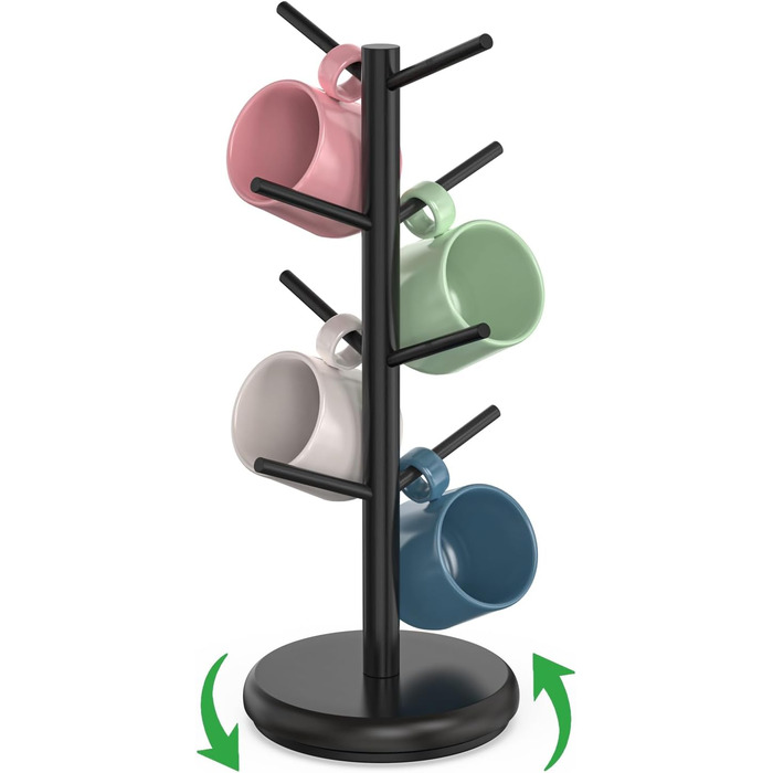 BAMBANG Bamboo Coffee Mug Tree, Swivel Coffee Mug Holder for Countertop, Coffee Mug Shelf with 8 Hooks, Coffee Mug Organizer, Coffee Mug Hanger for Coffee Bar, Black