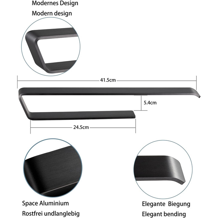 Тримач для рушників JS без свердління, чорний, 40 см