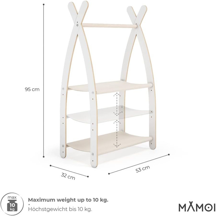 MAMOI® Clothes Rack Baby Nursery | Children's Clothes Rack 106x95x32cm / 53x95x32cm | Children's Clothes Stand Baby | Coat Rack | Baby Wardrobe | Children's Wardrobe | 100% ECO | Made in EU (1 Module - 2 Shelves, White - Beige)