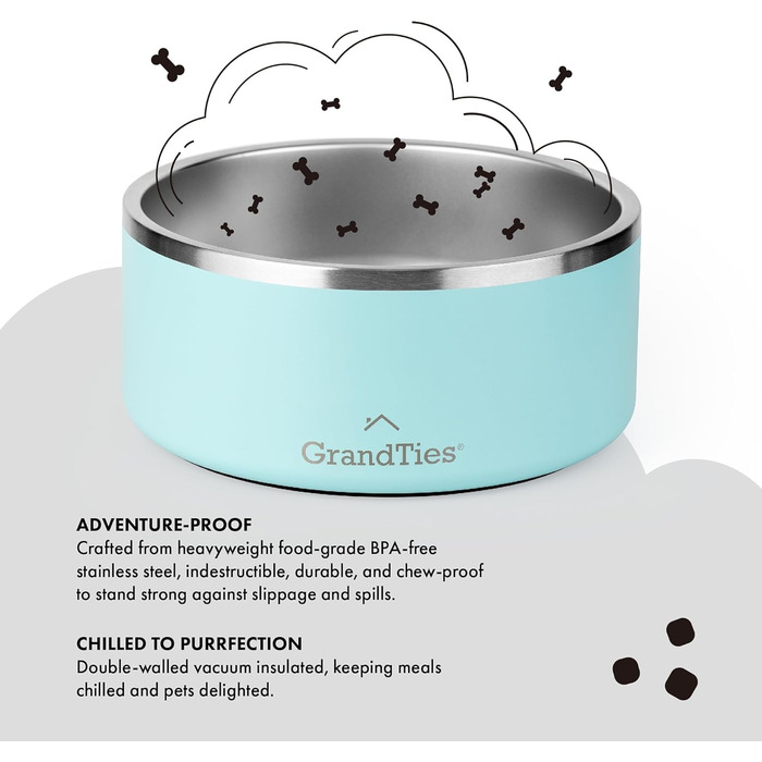 Нержавійна чаша для собак та котів GrandTies, гравіювання, багаторазове використання, BPA-free, ізольована, велика (1890 мл), колір: Powder Green