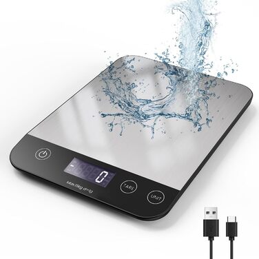 Кухонні ваги цифрові USB-C, 15 кг, преміум-якість, точність 1 г, харчові, професійні, сріблясті