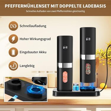 Salt and Pepper Shakers Electric 2-Piece Set, Automatic Pepper Grinder with Charging Station, USB Rechargeable Spice Grinder Electric, Adjustable Coarseness, One-Hand Operation, Ceramic Grinder, LED Light