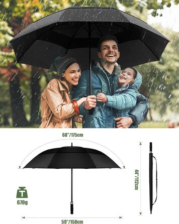 TECKNET Парасолька велика XXL, гольф-парасолька 173 см, штормостійка з подвійною конструкцією, вентильована, з ручкою EVA, для жінок та чоловіків (глибокий чорний, 163 см)