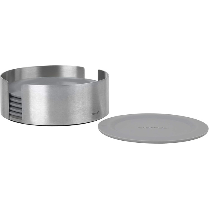 blomus -LARETO- Set of 6 Silicone Coasters, soft beige tone, including stainless steel holder, color (64065) (Sharkskin)