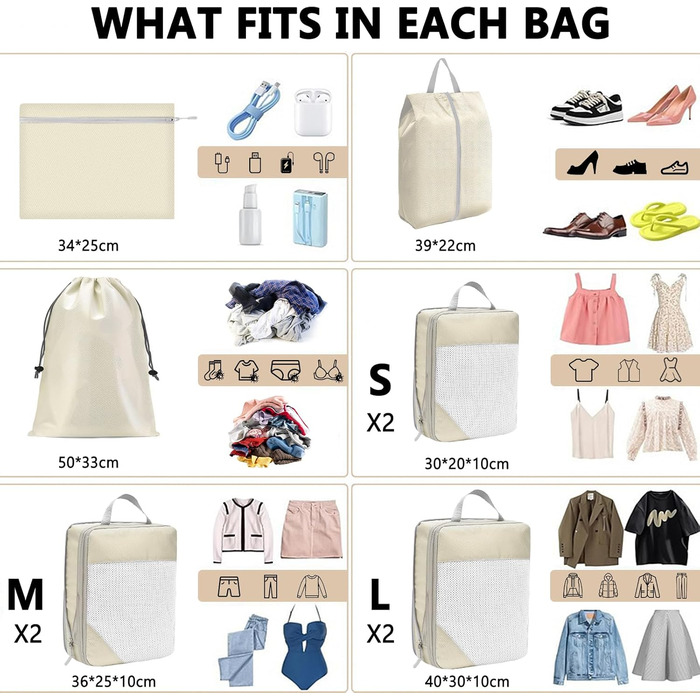 Набір органайзерів для валізи 9 шт. бежевого кольору: компресійні пакети для одягу, взуття, подорожей