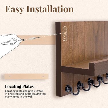 Дерев'яне ключове дощечка з полицею, 5 гачків, для прихожої, спальні, вітальні (колір: коричневий)