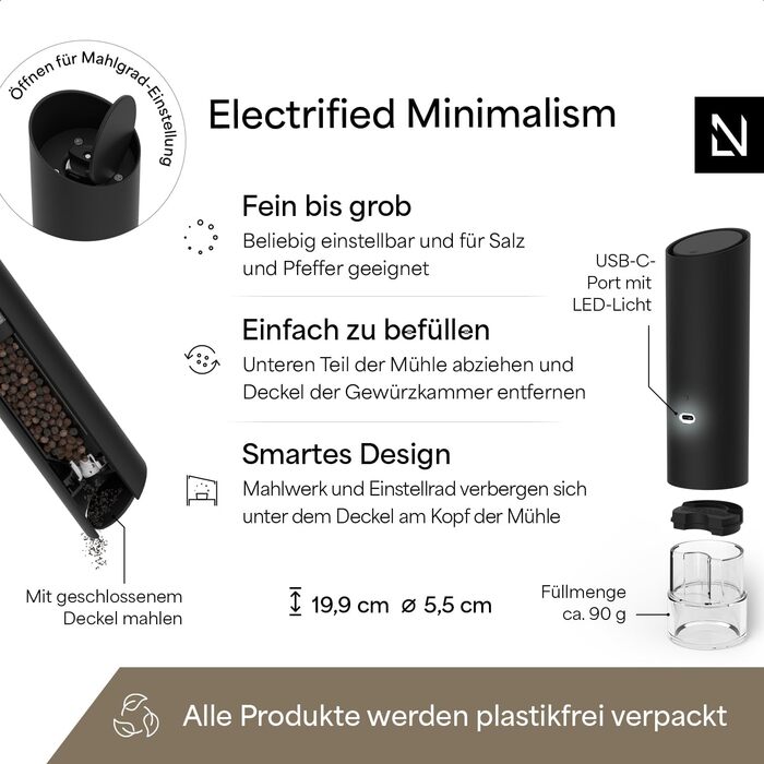 Електричні млини для солі та перцю LARS NYSØM Gravity Grinder - Набір з двох млинів, USB-C, регулювання помелу, для кухні