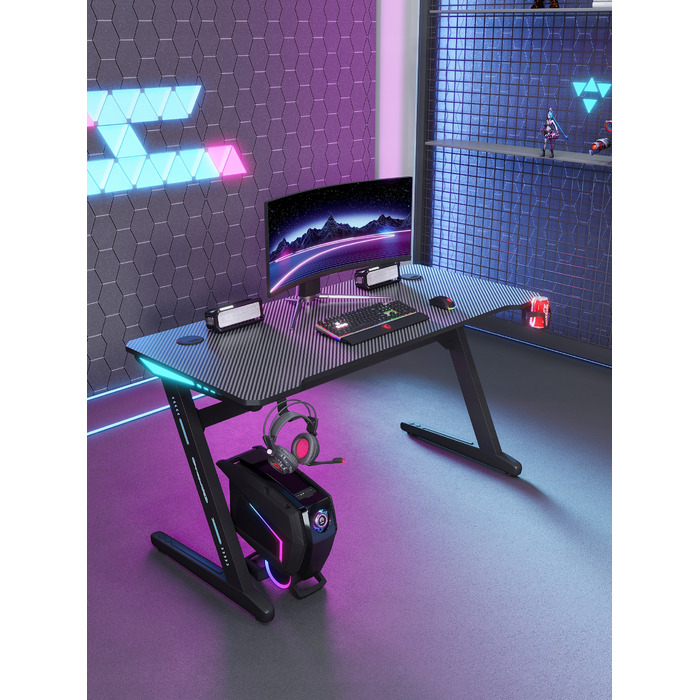 Ігровий комп'ютерний стіл з LED-підсвіткою, сучасний геймерський стіл, 140 см, чорний