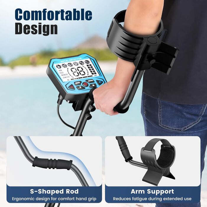 Металодетектор високоточний, регульована довжина 113-141 см, 5 режимів, акумуляторний професійний з LCD-екраном, водонепроникна котушка IP68, для дорослих та дітей, блакитний