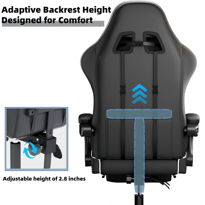 Ігрове крісло Ergonomic Gaming Chair з підніжкою, подушками під шию та поперек, 2D-підлокітниками, регулюванням висоти та поворотом на 360°, чорне