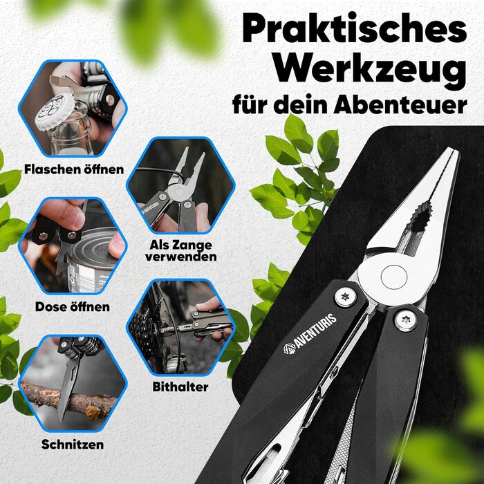 AVENTURIS® Multitool. Great multifunctional tool as bicycle accessories or outdoor gear, a multitool tool as men's gifts or a Leatherman multitool in green (Personalized, Black).