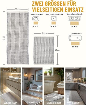 Boho Bathroom Rug Set - Non-Slip Bath Mats (2-Piece) - Washable Shower Rugs for Bathroom, Bedroom, Living Room - 51x120cm + 41x61cm (Gray & White)