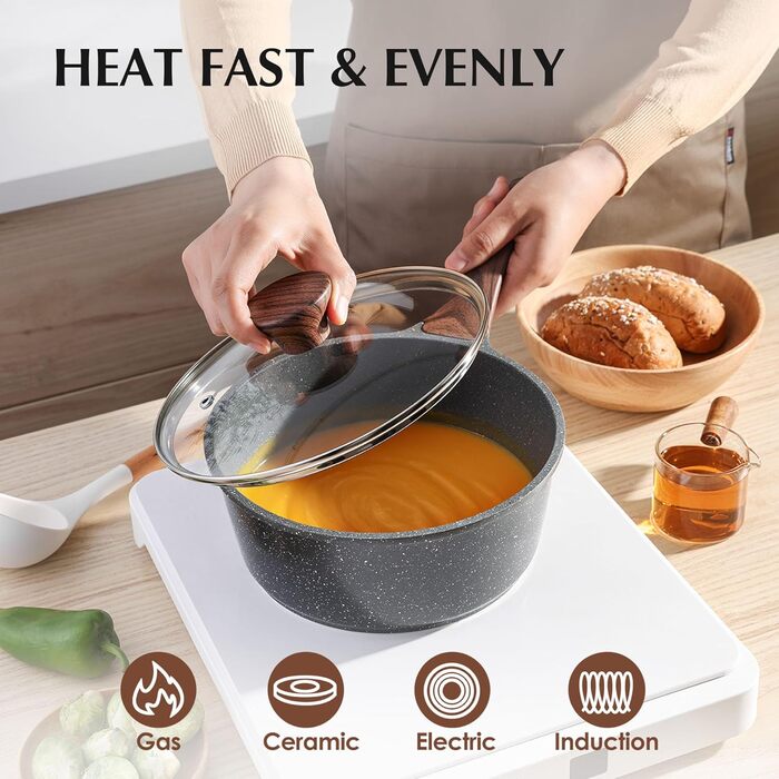 Набір посуду SENSARTE з антипригарним покриттям 13 предметів, гранітний, з кришками та силіконовими інструментами, сірий