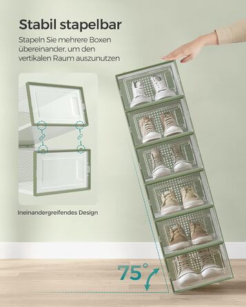SONGMICS Shoe Boxes, 12-Piece Set, Plastic Shoe Organizer, Foldable and Stackable, for Shoes up to Size 44, Transparent-White LSP12SWT (12-Piece Set for Shoes up to Size 44, Transparent + Laurel Green)