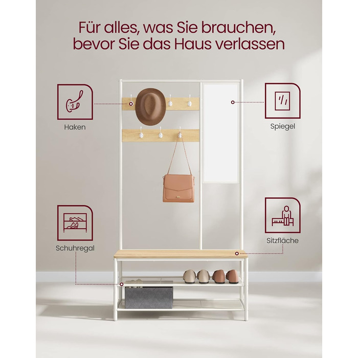 VASAGLE Clothes Rack, Coat Rack, Coat Stand with Hooks, Mirror, Bench, 35 x 98 x 180 cm, for Entryway, Bedroom, Living Room, Modern, Oak-White HSR415W09
