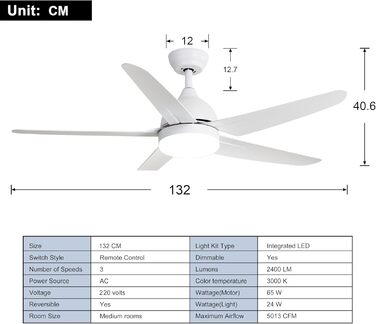 Стеляний вентилятор FINXIN з LED-лампою 132/122 см для спальні, вітальні, їдальні. Включає мотор, пульт керування (5 лопатей, білий)