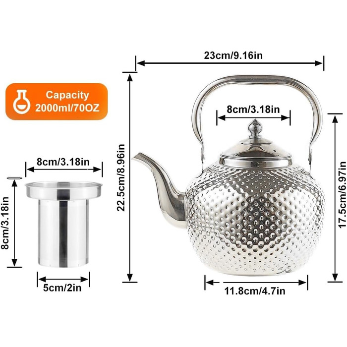 Чайник Sanqiahome 2.0L з нержавіючої сталі з ситечком, індукційний, срібний
