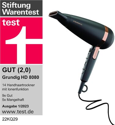 Фен GRUNDIG Naturashine HD 8080 з іонізацією, 2 насадки, 2300 Вт, 3 температурні та 2 режими повітряного потоку, холодна функція, датчик Smart On/Off, 3 м кабель, чорний / рожеве золото