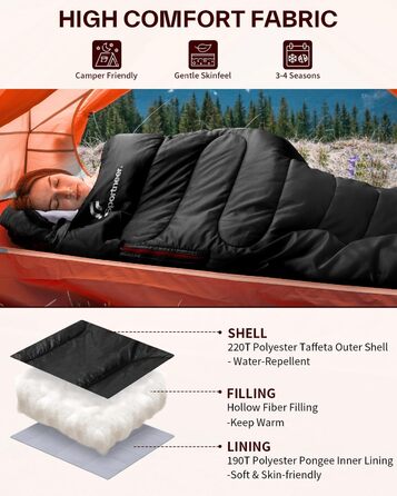 Сплячий мішок Sportneer Outdoor - ковдровий спальний мішок 3-4 сезони для дорослих, теплий, для кемпінгу, подорожей та активного відпочинку, 200x85 см, чорний