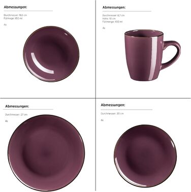 Набір посуду на 4 особи, 16-ти частинний, фіолетовий, з мідним декором