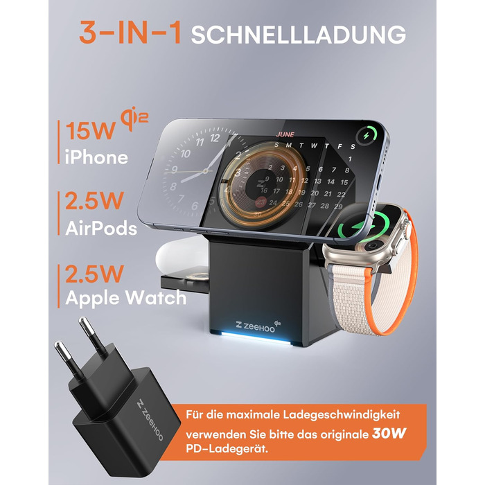 ZEEHOO Зарядна станція 3 в 1 для Apple MagSafe, iPhone 16/15/14/13/12, Apple Watch та AirPods (30W USB-C), Чорний