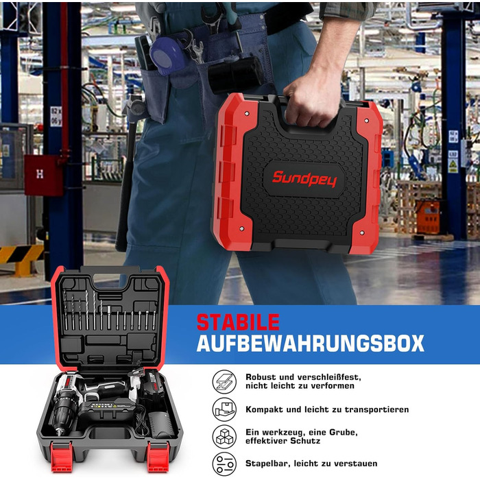 Акумуляторний шуруповерт Sundpey Set: 2 акумулятори 2.0Ah, 21V, 1500 об/хв, 45Nm, 18+1 режим, LED, 10мм патрон - для ремонту та DIY