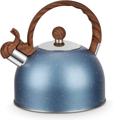 Чайник з свистком 2.5L з нержавіючої сталі для всіх плит, включаючи індукцію, з автоматичним кип'ятінням та дерев'яною ручкою (блакитний)