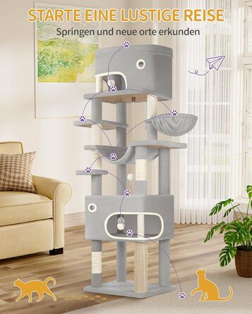 Когтеточка для котів Hzuaneri XXL (203 см) з великою платформою, 2 печери, 7 стовпчиків, помпонами, лежаками та гамаком. Підходить для всіх порід котів. MS20318YL (Світло-сірий)